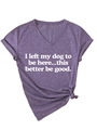 Purple V-neck short sleeve T-shirt with white letter print and front hem knot detail - S / Purple (White Print)