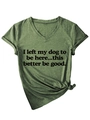 Detail of V-neck t-shirt in heather green with dog quote print and knotted hem design - S / Olive Green (Black Print)