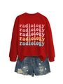 Detail eines roten Sweatshirts mit Radiology-Druck und Jeans-Shorts für Damen - S / Knallrotes Sweatshirt (Farbgrafik)