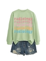 Detail of radiology multi-color lettering on a mint green long sleeve sweatshirt - S / Olive Green Sweatshirt (Color Graphic)