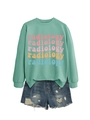 Detail view of radiology lettering in pastel colors on mint green crewneck sweatshirt - S / Light Green Sweatshirt (Color Graphic)