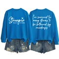 Flat lay view of blue graphic sweatshirt and distressed denim shorts with white back print - S / Lake Blue (White Font)