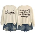 Front and back detail of cream sweatshirt with stronger than the storm typography - S / Sand (Black Font)