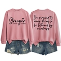 Front and back detail of pink sweatshirt with Stronger Than The Storm text and denim shorts - S / Rose Gold (Black Font)