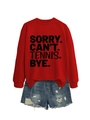 Close-up of red SORRY CAN'T TENNIS sweatshirt and ripped denim shorts outfit set - S / Red (Black Font)
