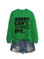 Flat lay of green tennis sweatshirt with SORRY CAN'T TENNIS text and ripped denim shorts - S / Grass Green (Black Font)