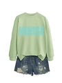 Detailed view of light green nurse sweatshirt with medical terminology heart print - Olive Green