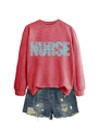 Detail of blue NURSE typography and stethoscope graphic on brick red sweatshirt - Red