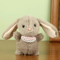 Plush bunny keychain with grey fur and red checkered lace scarf standing on wood - About 13cm / Dark Brown