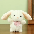 Cute white plush rabbit keychain with pink checkered bib on a rustic wooden desk - About 13cm / Off White