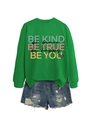 Detail of green crewneck sweatshirt featuring colorful inspirational slogans and leopard heart - S / Tops / Grass Green (Black Print)