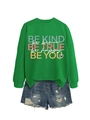 Detail of green crewneck sweatshirt with colorful slogans and distressed denim shorts - S / Tops / Grass Green (White Print)
