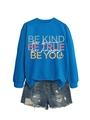 Detail of blue crewneck sweatshirt with BE KIND text and leopard print heart graphic - Lake Blue (White Print)
