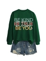Detail of dark green sweatshirt with Be Kind Be Brave prints and ripped denim shorts - Dark Green