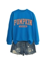 Ensemble sweat-shirt bleu et short en jean vieilli avec imprimé Pumpkin Season - S / Bleu Lac