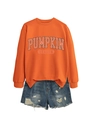 Sweat orange Pumpkin Season et short en jean vieilli présenté à plat pour femmes - S / Orange