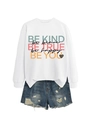 Detail of Be Kind Be Brave graphic print on white sweatshirt with denim shorts - White