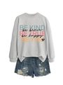 Flat lay of gray crewneck sweatshirt with colorful motivational quotes and denim shorts - Gray