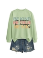 Detail of light green sweatshirt with inspirational quotes and distressed denim shorts - Olive Green