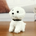 Plush white bichon frise toy dog with curly fur and black star collar on wood table - White / About 11cm