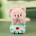 Pink plush bear keychain with green heart apron and embroidered facial details - Pink