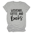 Detail of grey crewneck T-shirt with 'Weekends, Coffee and Books' print and rolled sleeves - S / Light Gray (Black Font)