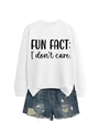 Close-up of 'FUN FACT: I don't care.' black typography on a white crewneck sweatshirt - White Sweatshirt (Black Font)