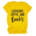 Close-up of vibrant yellow cotton t-shirt featuring Weekends Coffee and Books text - S / Yellow (Black Font)