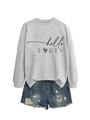 Flat lay of gray hello FORTY sweatshirt with heart motif and distressed denim shorts - Grey (Black Font)