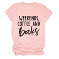 Detail of rolled sleeve and Books print on pink minimalist cotton T-shirt for women - S / Pink (Black Print)