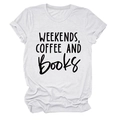 Detail of white cotton T-shirt featuring WEEKENDS, COFFEE AND BOOKS printed text - S / White (Black Font)