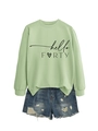 Detail of hello FORTY long sleeve sweatshirt paired with distressed denim shorts - Olive Green (Black Font)
