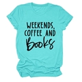 Detail of teal cotton t-shirt featuring Weekends Coffee and Books printed text - S / Deep Water Blue (Black Font)