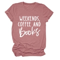 Detail of soft dusty rose cotton t-shirt featuring Weekends Coffee and Books print - S / Rose Gold (White Font)