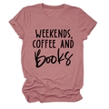 Detail of mauve cotton t-shirt featuring WEEKENDS COFFEE AND BOOKS graphic and rolled sleeves - S / Rose Gold (Black Font)