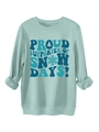 Detail of teal crewneck sweatshirt featuring winter-themed Snow Days print and ribbed cuffs - Light Green