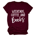 Detail of burgundy crew neck T-shirt featuring Weekends Coffee and Books print - S / Wine Red (White Font)