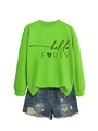 Close-up of hello FORTY print on neon green sweatshirt with distressed denim shorts - Fluorescent Green (Black Font)