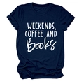 Detail of soft navy crew neck tee featuring weekends coffee and books cursive print - S / Navy Blue (White Font)