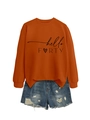 Detail of hello FORTY orange sweatshirt with heart print and distressed denim shorts - Burnt Orange (Black Font)