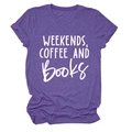 Close-up of purple heather fabric T-shirt with Weekends Coffee and Books print - S / Purple (White Font)