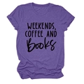 Detail of purple cotton T-shirt featuring Weekends Coffee and Books graphic text - S / Purple (Black Text)