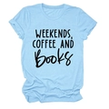 Light blue crew neck t-shirt with weekends coffee and books print and rolled sleeves - S / Light Blue (Black Font)