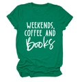 Detail of forest green cotton T-shirt featuring WEEKENDS COFFEE AND BOOKS printed text - S / Dark Green (White Font)