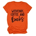 Detail of orange cotton t-shirt featuring Weekends Coffee and Books slogan print - S / Orange (Black Font)