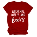 Detail of red cotton T-shirt featuring white WEEKENDS COFFEE AND BOOKS printed text - S / Red (White Font)