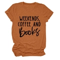 Detail of caramel cotton t-shirt with rolled sleeves and weekends coffee and books print - S / Burnt Orange (Black Font)
