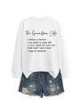 Flat lay of a white Grandma Code sweatshirt paired with distressed denim shorts on white background - White Sweatshirt (Black Font)