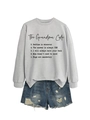 Flat lay of gray The Grandma Code sweatshirt with distressed blue denim shorts set - Grey Sweatshirt (Black Font)
