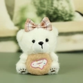 Porte-clés ours en peluche blanc avec nœud papillon à carreaux et broderie sur le ventre - Blanc Cassé